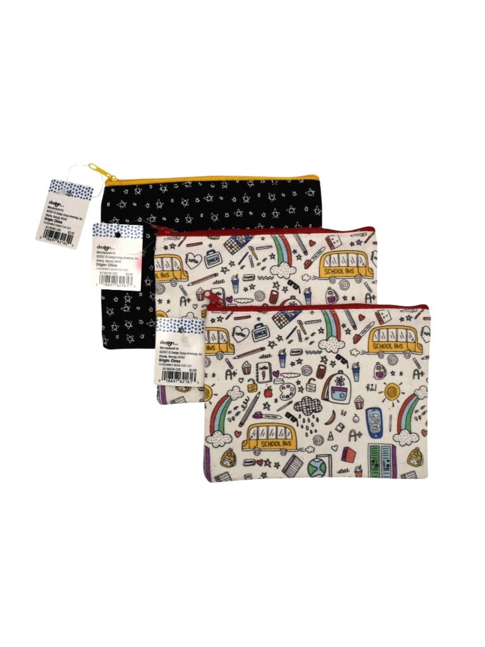 3 Pencil Pouches School Bus Star Patterns Zipper Makeup Cosmetic Bag Set New